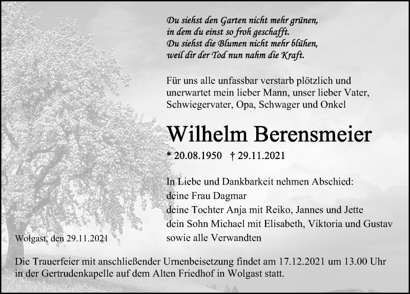  Traueranzeige für Wilhelm Berensmeier vom 04.12.2021 aus Ostsee-Zeitung GmbH