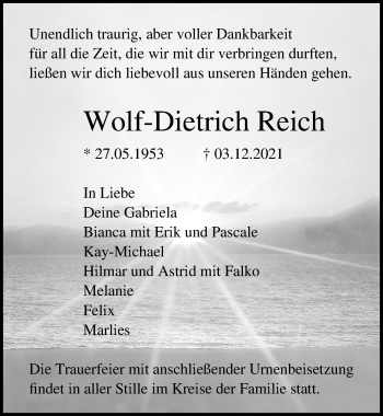 Traueranzeige von Wolf-Dietrich Reich von Ostsee-Zeitung GmbH