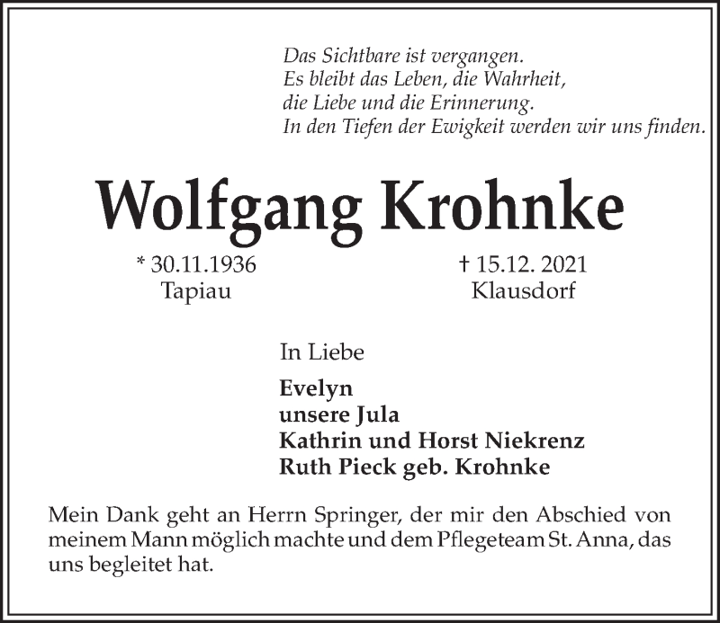  Traueranzeige für Wolfgang Krohnke vom 24.12.2021 aus Kieler Nachrichten