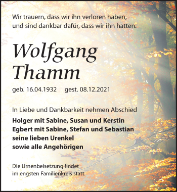 Traueranzeige von Wolfgang Thamm von Leipziger Volkszeitung