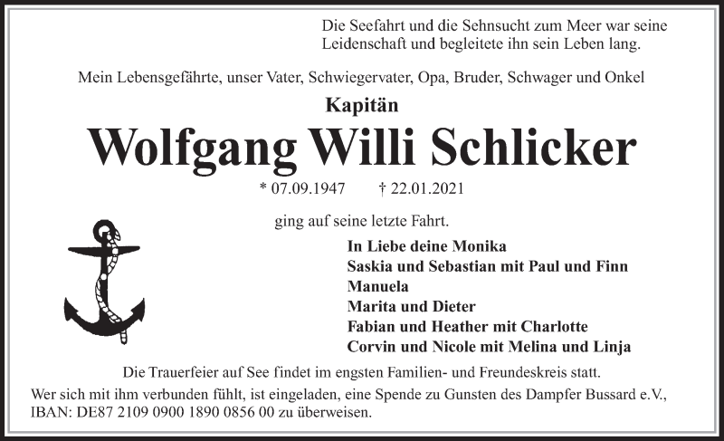  Traueranzeige für Wolfgang Schlicker  vom 30.01.2021 aus Kieler Nachrichten