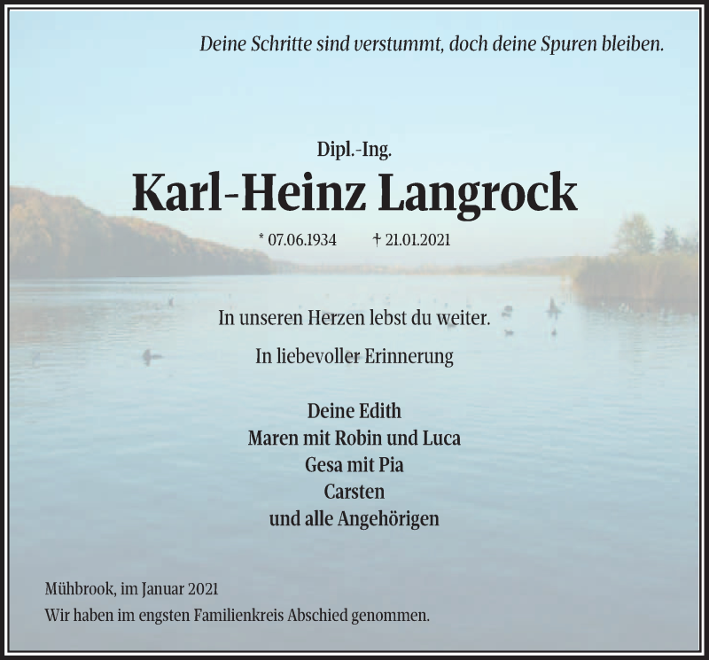  Traueranzeige für Karl-Heinz Langrock  vom 03.02.2021 aus Kieler Nachrichten