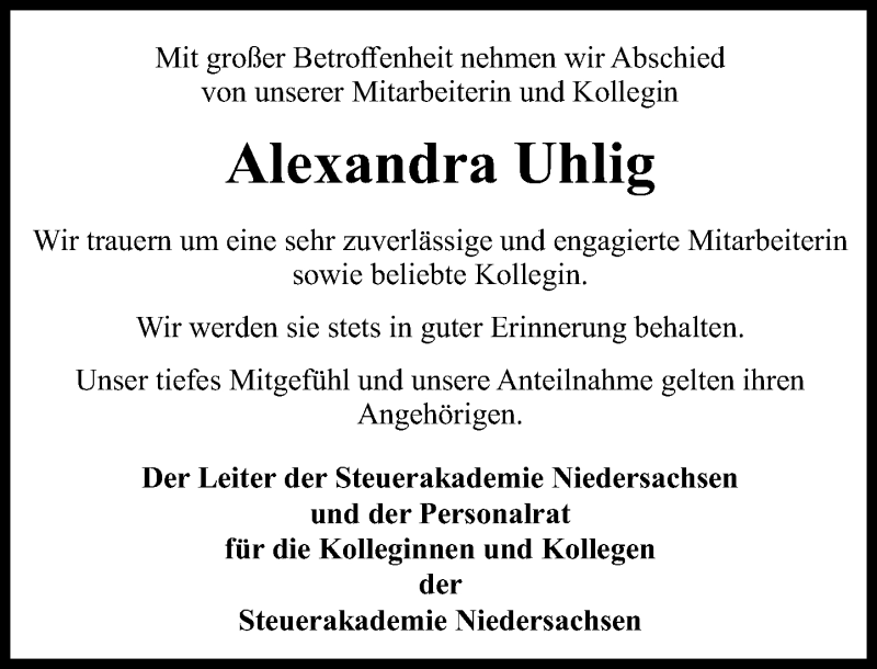  Traueranzeige für Alexandra Uhlig vom 17.02.2021 aus Schaumburger Nachrichten