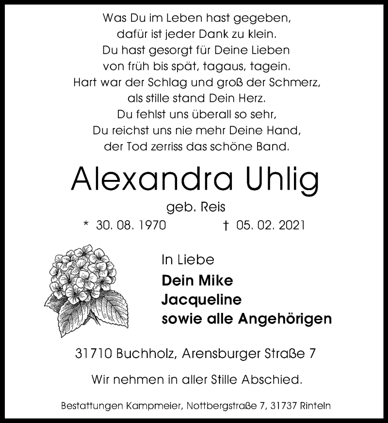  Traueranzeige für Alexandra Uhlig vom 13.02.2021 aus Schaumburger Nachrichten