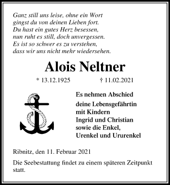 Traueranzeige von Alois Neltner von Ostsee-Zeitung GmbH