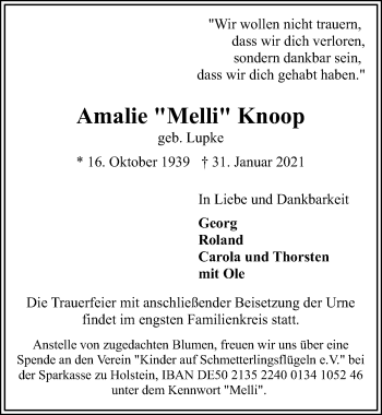 Traueranzeige von Amalie Knoop von Lübecker Nachrichten