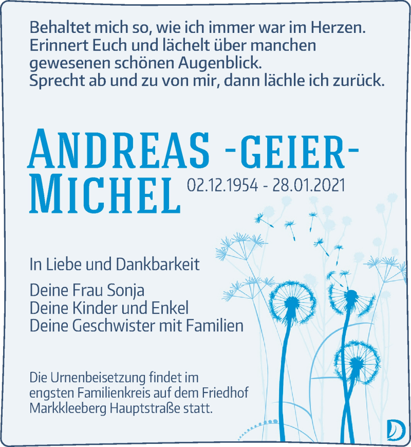  Traueranzeige für Andreas Michel vom 06.02.2021 aus Leipziger Volkszeitung