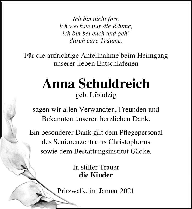  Traueranzeige für Anna Schuldreich vom 20.02.2021 aus Märkischen Allgemeine Zeitung