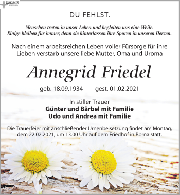 Traueranzeige von Annegrid Friedel von Leipziger Volkszeitung