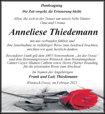 Traueranzeige von Anneliese Thiedemann von Märkischen Allgemeine Zeitung