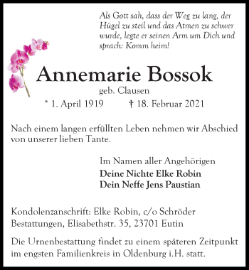 Traueranzeige von Annemarie Bossok von Lübecker Nachrichten
