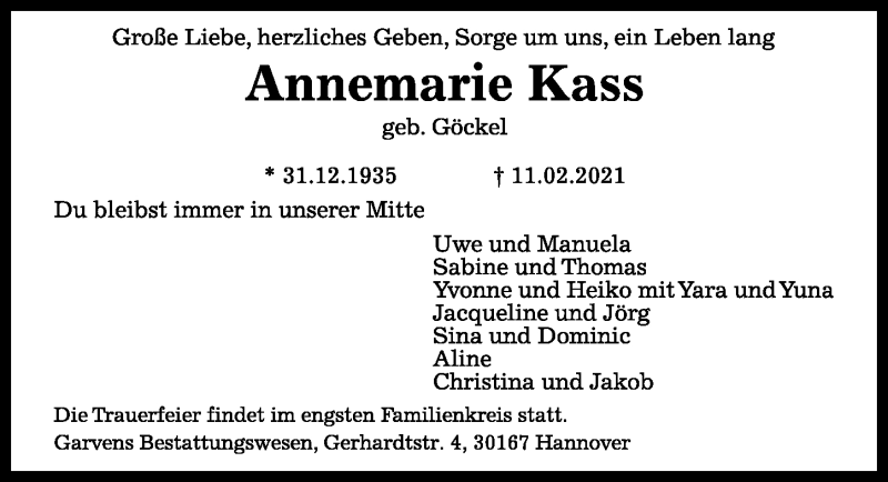  Traueranzeige für Annemarie Kass vom 20.02.2021 aus Hannoversche Allgemeine Zeitung/Neue Presse