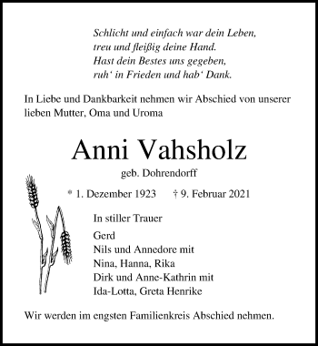 Traueranzeige von Anni Vahsholz von Lübecker Nachrichten