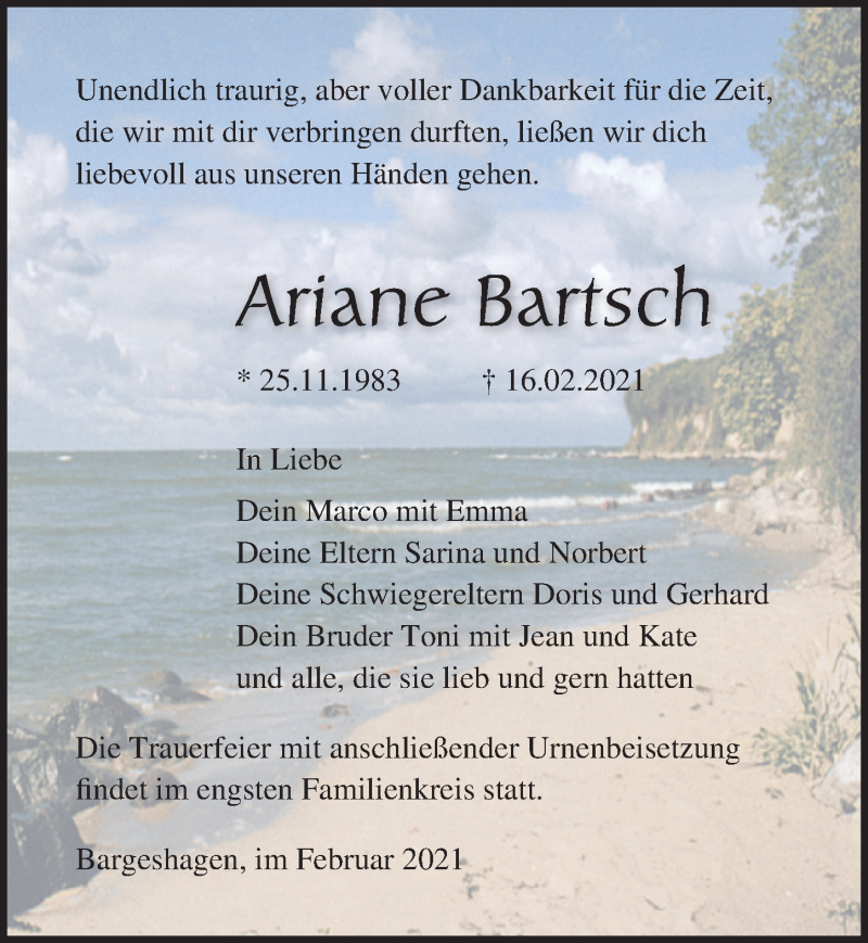  Traueranzeige für Ariane Bartsch vom 20.02.2021 aus Ostsee-Zeitung GmbH
