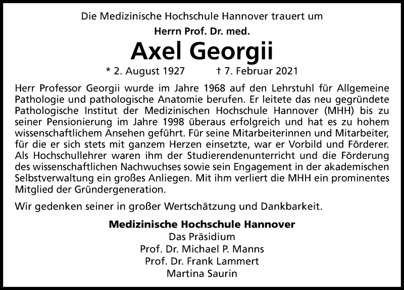  Traueranzeige für Axel Georgii vom 20.02.2021 aus Hannoversche Allgemeine Zeitung/Neue Presse