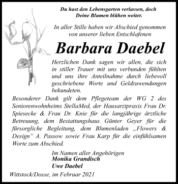 Traueranzeige von Barbara Daebel von Märkischen Allgemeine Zeitung