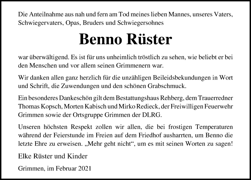  Traueranzeige für Benno Rüster vom 13.02.2021 aus Ostsee-Zeitung GmbH