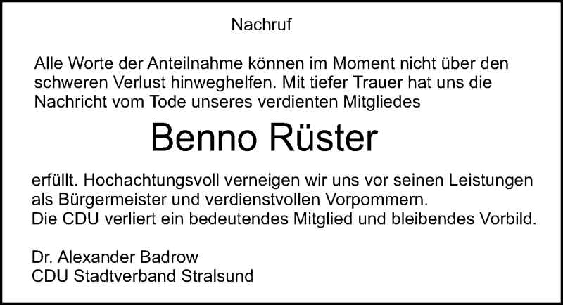 Traueranzeige für Benno Rüster vom 06.02.2021 aus Ostsee-Zeitung GmbH
