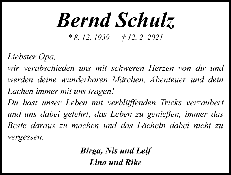 Traueranzeigen Von Bernd Schulz | Trauer-anzeigen.de