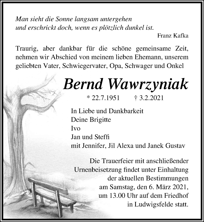  Traueranzeige für Bernd Wawrzyniak vom 20.02.2021 aus Märkischen Allgemeine Zeitung