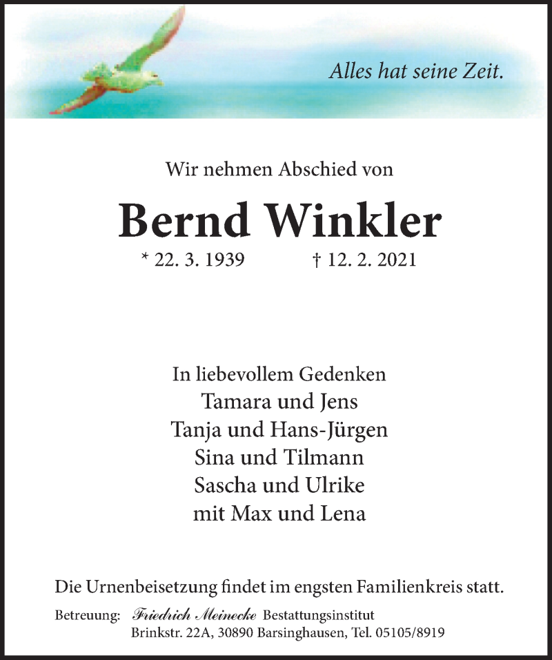  Traueranzeige für Bernd Winkler vom 20.02.2021 aus Hannoversche Allgemeine Zeitung/Neue Presse
