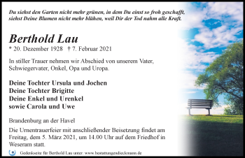 Traueranzeige von Berthold Lau von Märkischen Allgemeine Zeitung