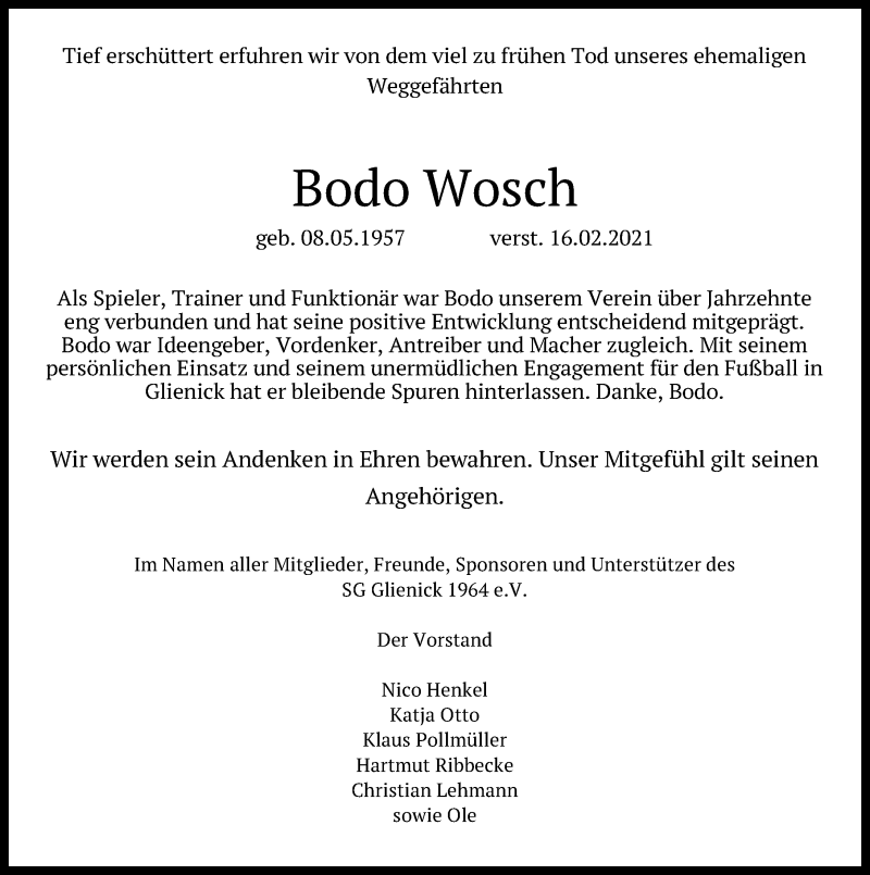  Traueranzeige für Bodo Wosch vom 20.02.2021 aus Märkischen Allgemeine Zeitung