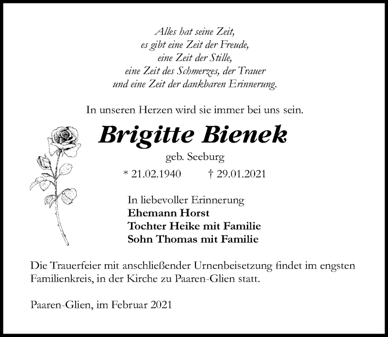  Traueranzeige für Brigitte Bienek vom 06.02.2021 aus Märkischen Allgemeine Zeitung