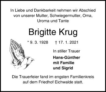 Traueranzeige von Brigitte Krug von Märkischen Allgemeine Zeitung