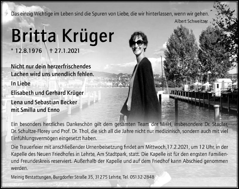  Traueranzeige für Britta Krüger vom 13.02.2021 aus Hannoversche Allgemeine Zeitung/Neue Presse