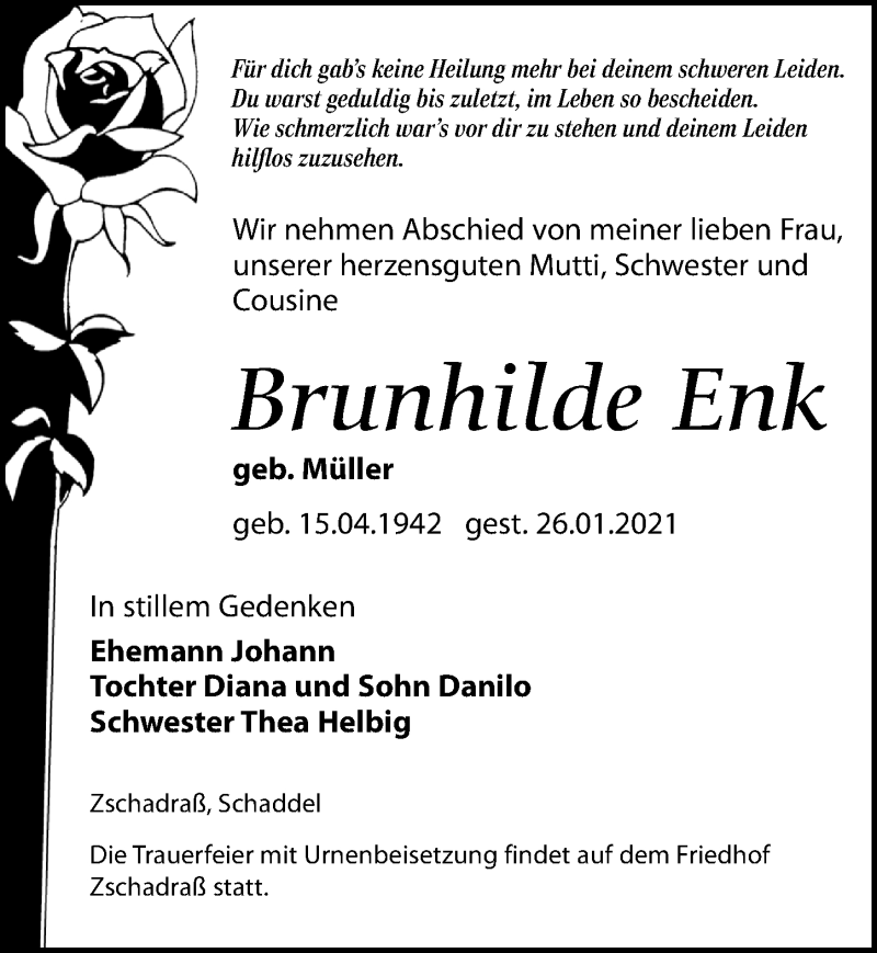  Traueranzeige für Brunhilde Enk vom 06.02.2021 aus Leipziger Volkszeitung