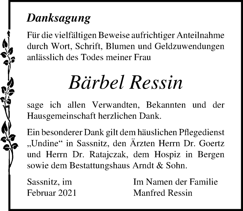  Traueranzeige für Bärbel Ressin vom 20.02.2021 aus Ostsee-Zeitung GmbH