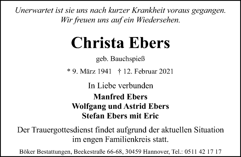  Traueranzeige für Christa Ebers vom 20.02.2021 aus Hannoversche Allgemeine Zeitung/Neue Presse