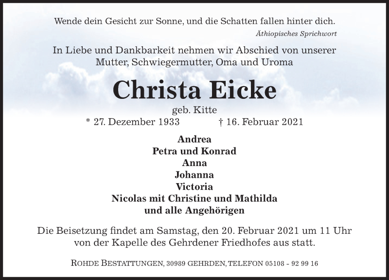  Traueranzeige für Christa Eicke vom 19.02.2021 aus Hannoversche Allgemeine Zeitung/Neue Presse