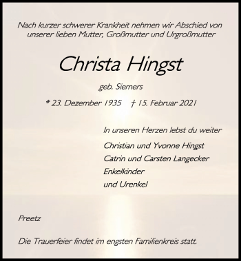 Traueranzeige von Christa Hingst von Kieler Nachrichten