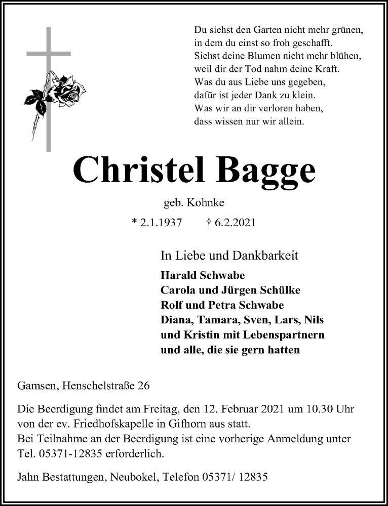  Traueranzeige für Christel Bagge vom 09.02.2021 aus Aller Zeitung