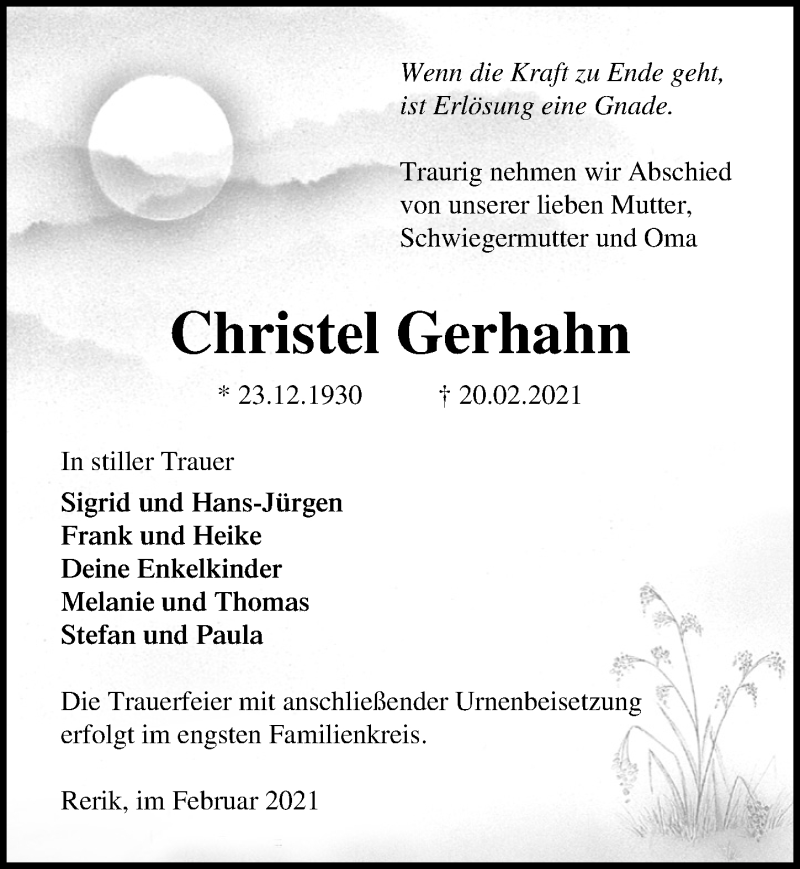  Traueranzeige für Christel Gerhahn vom 27.02.2021 aus Ostsee-Zeitung GmbH