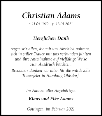 Traueranzeige von Christian Adams von Göttinger Tageblatt