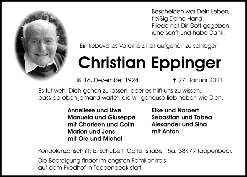 Traueranzeigen von Christian Eppinger | trauer-anzeigen.de