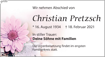 Traueranzeige von Christian Pretzsch von Leipziger Volkszeitung