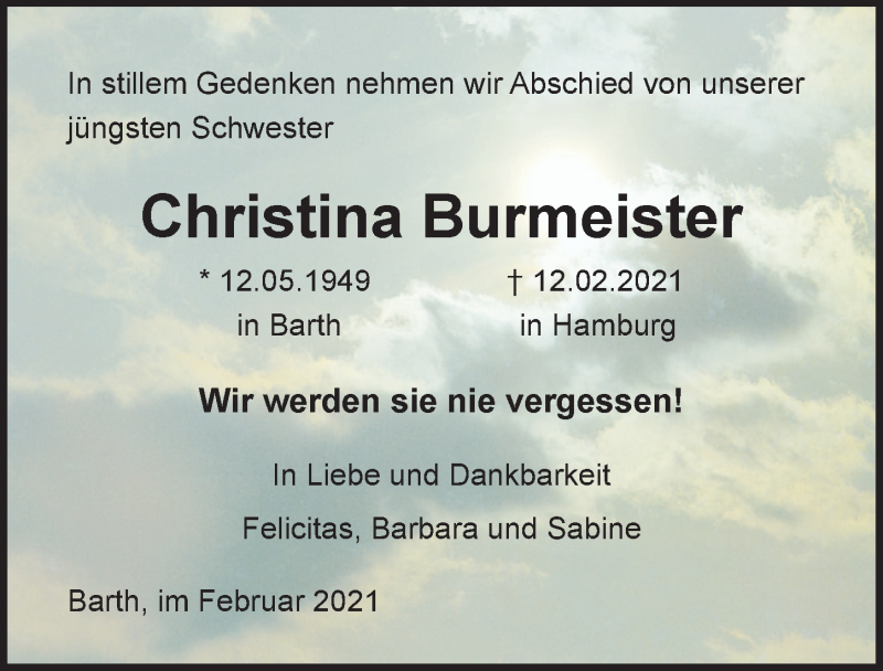  Traueranzeige für Christina Burmeister vom 27.02.2021 aus Ostsee-Zeitung GmbH