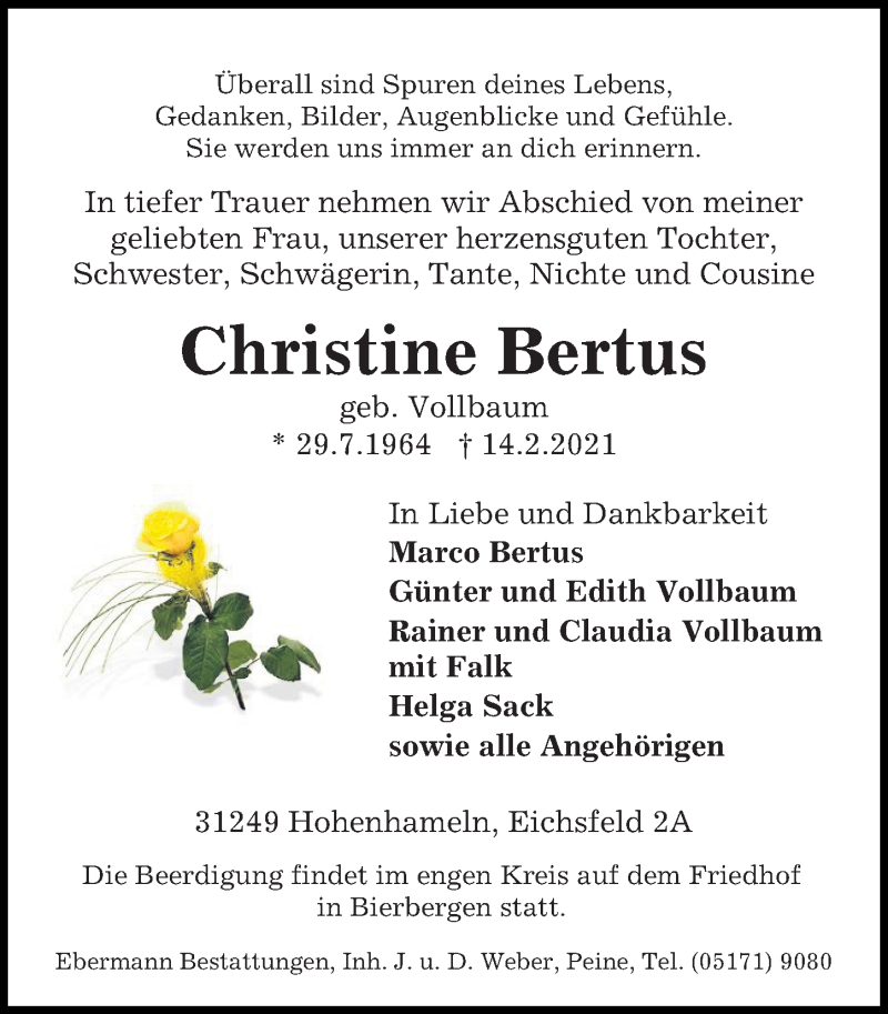  Traueranzeige für Christine Bertus vom 18.02.2021 aus Peiner Allgemeine Zeitung