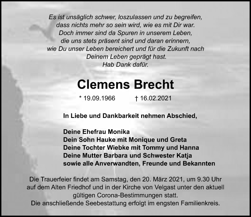  Traueranzeige für Clemens Brecht vom 27.02.2021 aus Ostsee-Zeitung GmbH