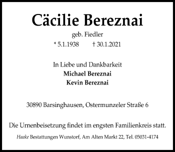 Traueranzeige von Cäcilie Bereznai von Hannoversche Allgemeine Zeitung/Neue Presse