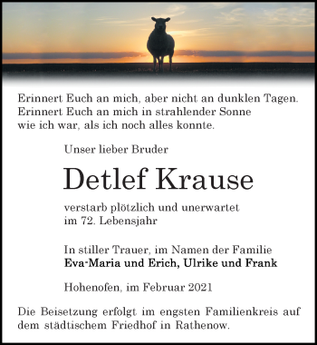 Traueranzeige von Detlef Krause von Märkischen Allgemeine Zeitung