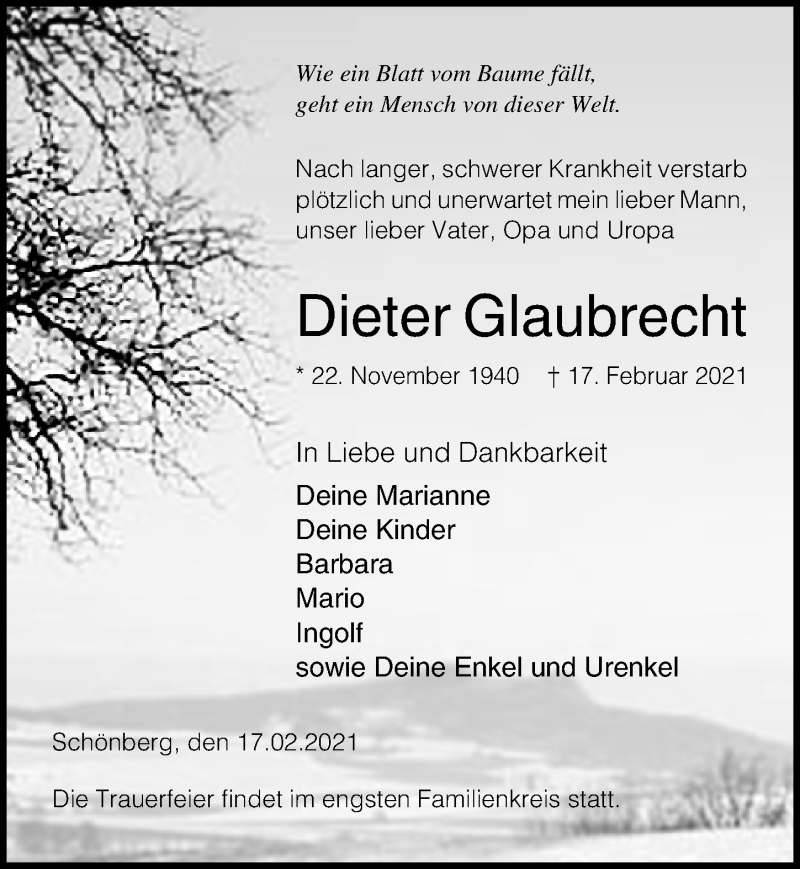  Traueranzeige für Dieter Glaubrecht vom 23.02.2021 aus Ostsee-Zeitung GmbH