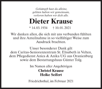 Traueranzeige von Dieter Krause von Märkischen Allgemeine Zeitung