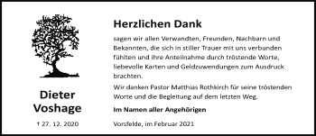 Traueranzeige von Dieter Voshage von Aller Zeitung