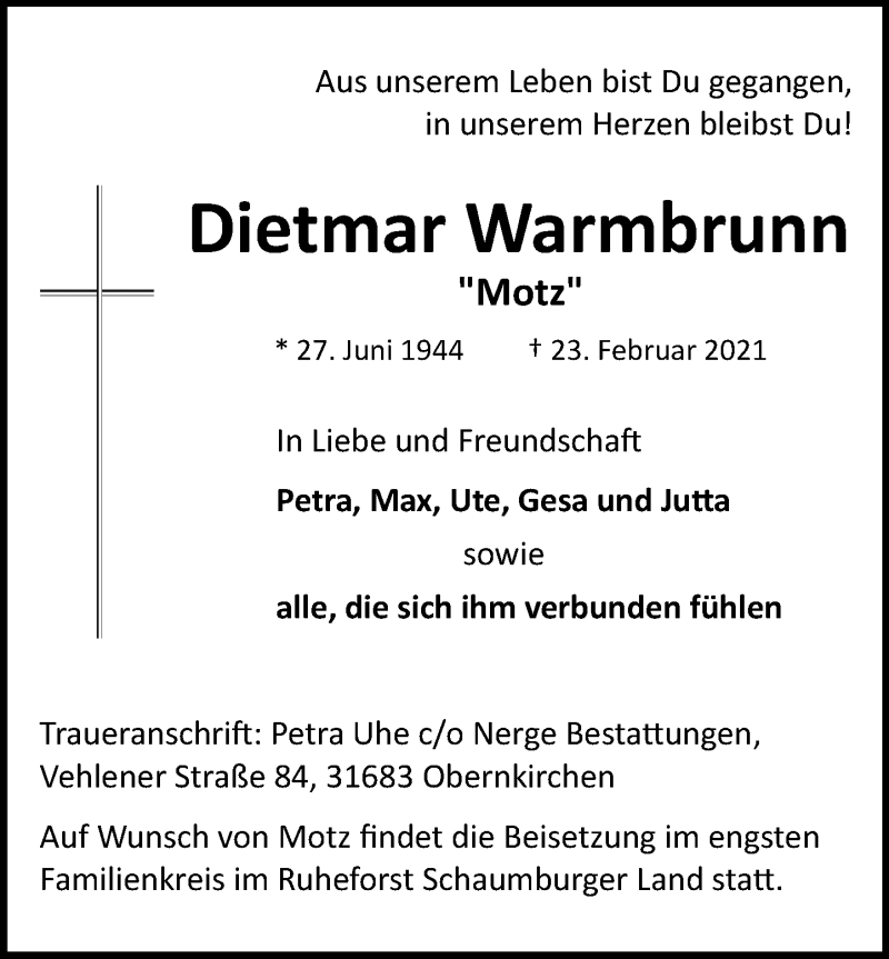  Traueranzeige für Dietmar Warmbrunn vom 27.02.2021 aus Schaumburger Nachrichten