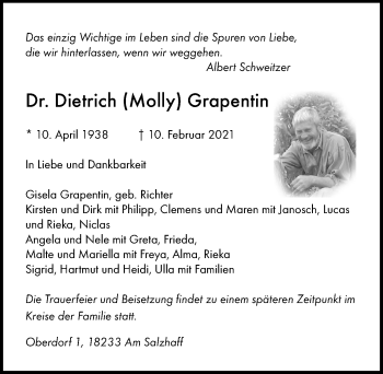 Traueranzeige von Dietrich  Grapentin von Ostsee-Zeitung GmbH